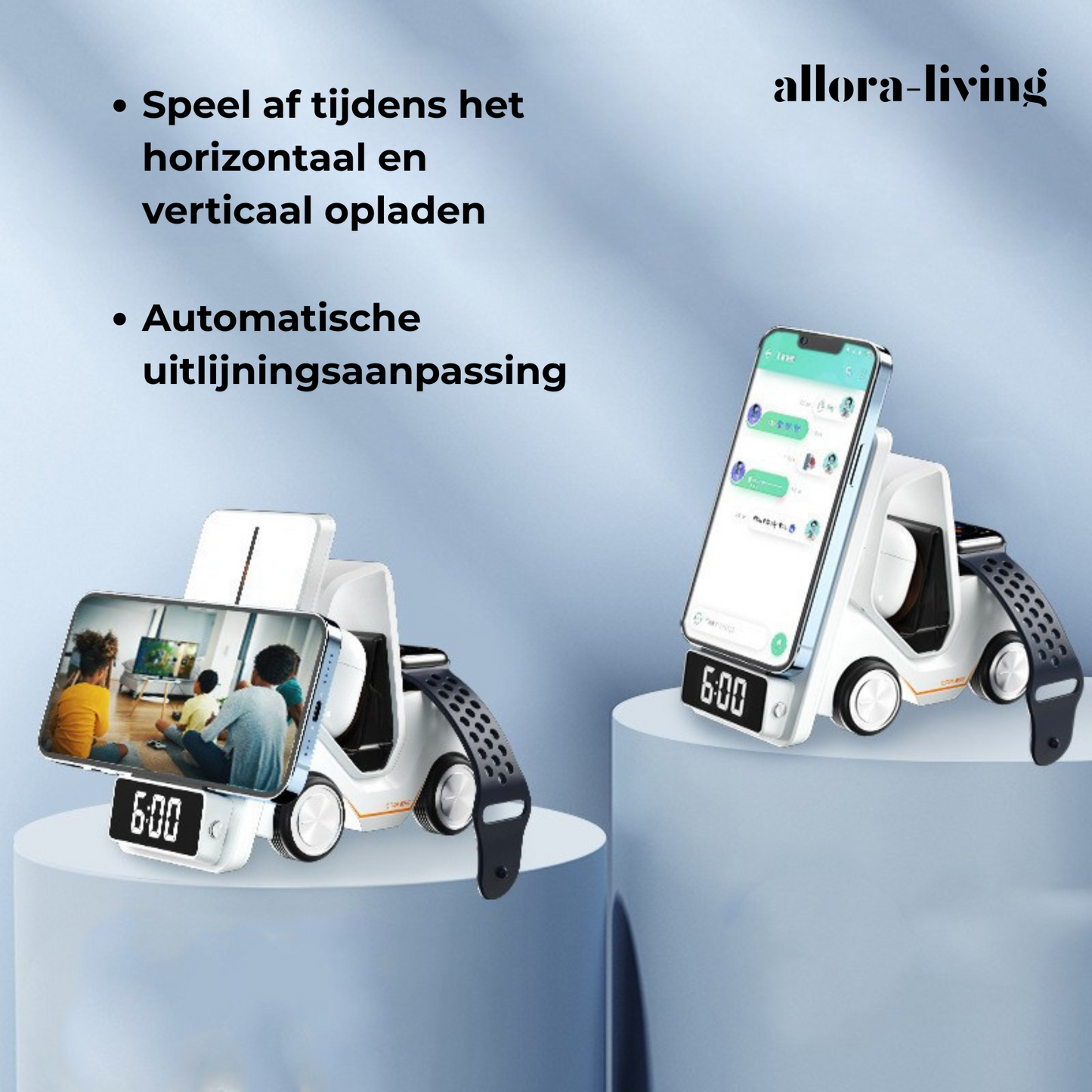 Allora Living5-in-1 Draadloos Oplaadstation met Wekker – Voor iPhone, iWatch & AirPods