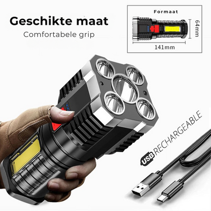 Sterke 5-LED Multifunctionele Zaklamp  Camping- en Noodlamp Oplaadbaar via USB