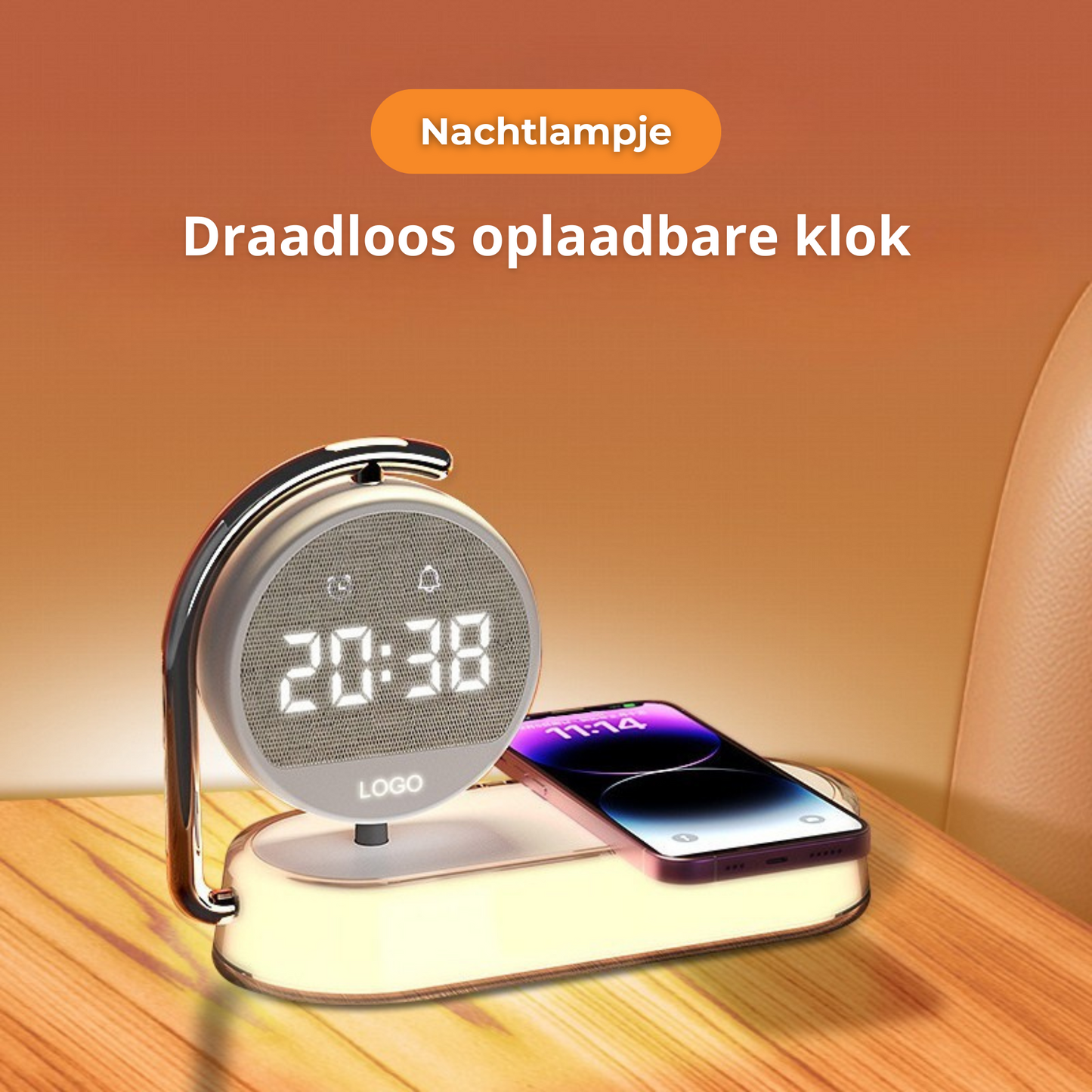 Allora Living 3-in-1 Oplader & Wekker – Klok, Nachtlamp & Draadloos Opladen