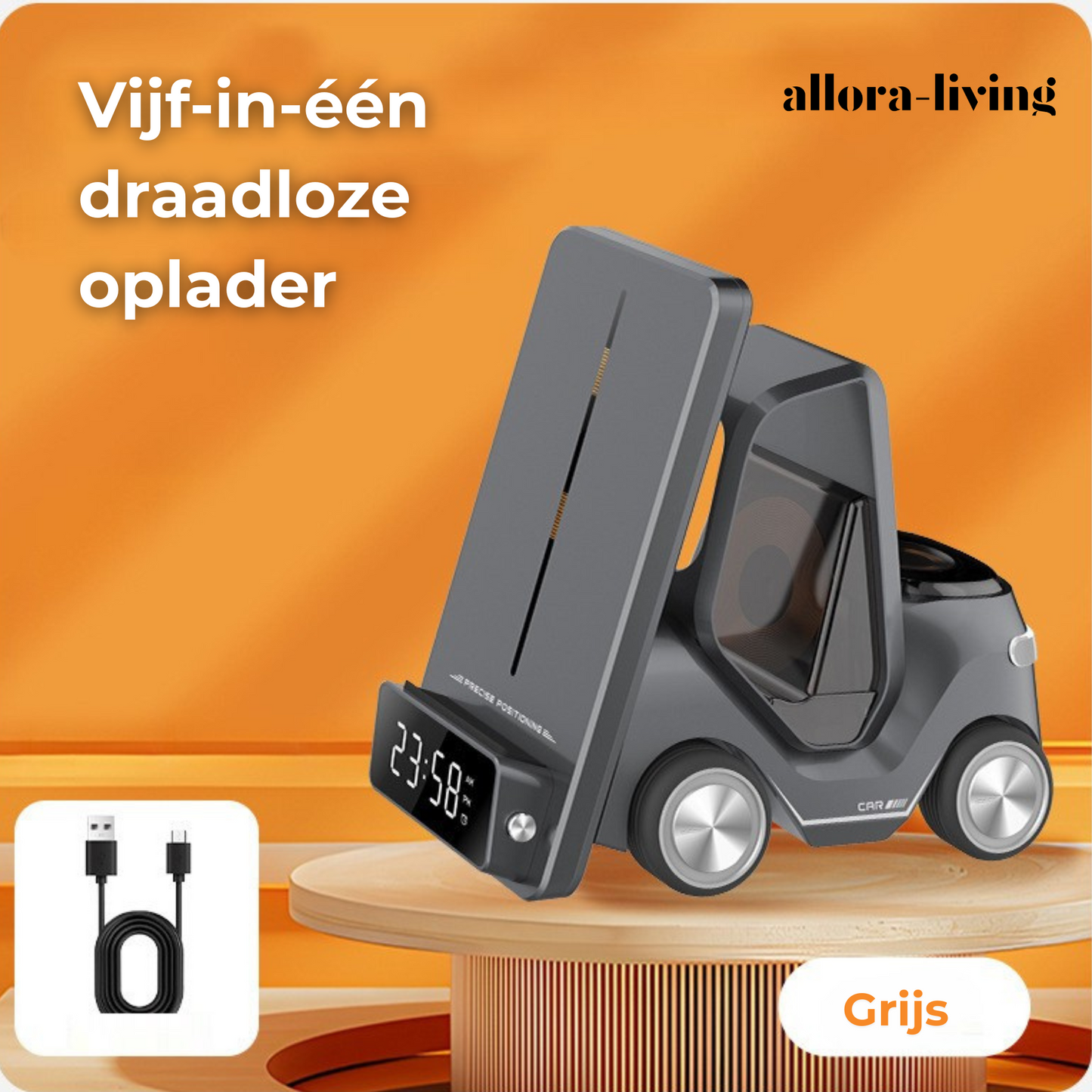 Allora Living5-in-1 Draadloos Oplaadstation met Wekker – Voor iPhone, iWatch & AirPods