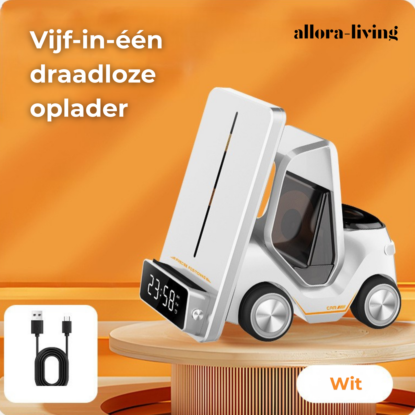 Allora Living5-in-1 Draadloos Oplaadstation met Wekker – Voor iPhone, iWatch & AirPods